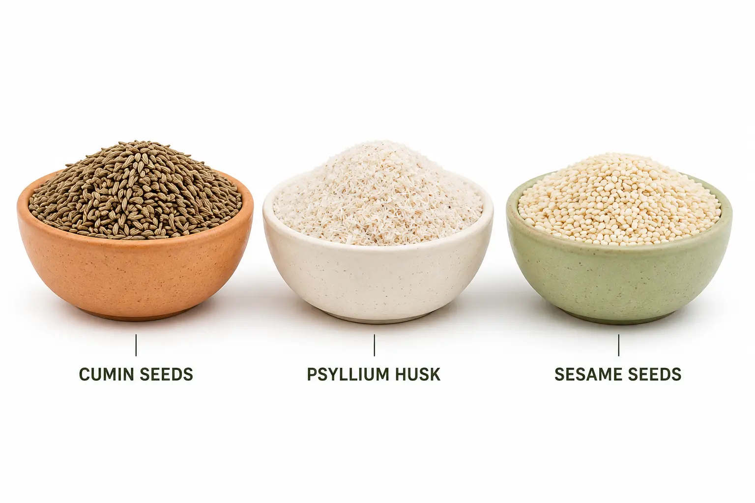 Sesame seeds, cumin seeds and psyllium husk in bowls