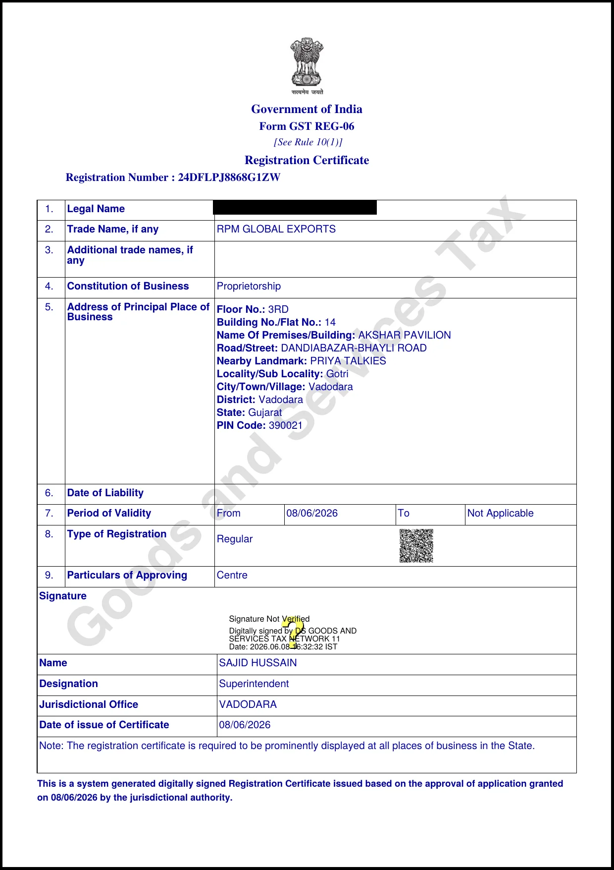 GST Registration Certificate for RPM Global Exports